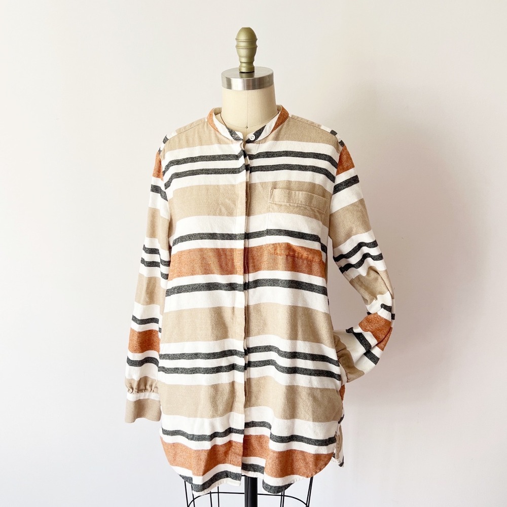 Lands End Flannel‎ Tunic Multicolor Striped Shirt with Pockets M 10-12